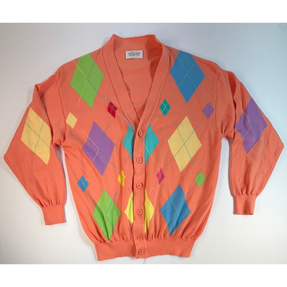 Vintage United Colors of Benetton Argyle Cardigan Sweater Orange Cotton Italy
